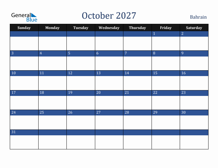 October 2027 Bahrain Calendar (Sunday Start)