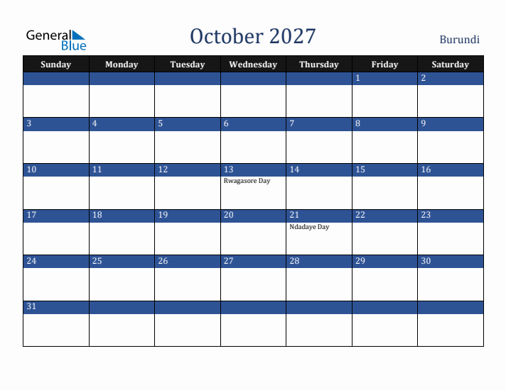 October 2027 Burundi Calendar (Sunday Start)