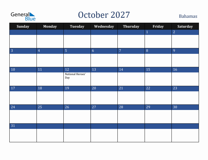 October 2027 Bahamas Calendar (Sunday Start)