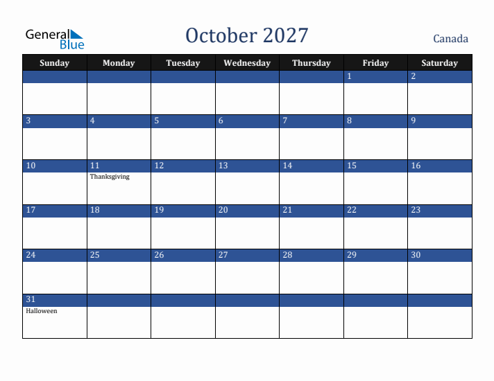 October 2027 Canada Calendar (Sunday Start)