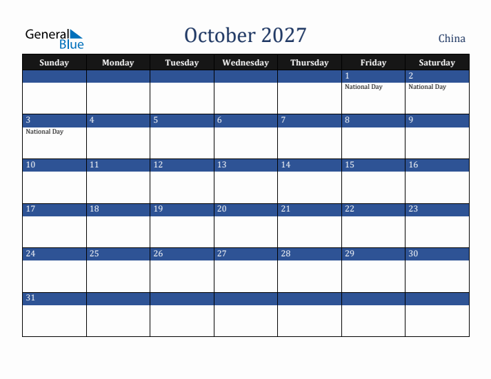 October 2027 China Calendar (Sunday Start)