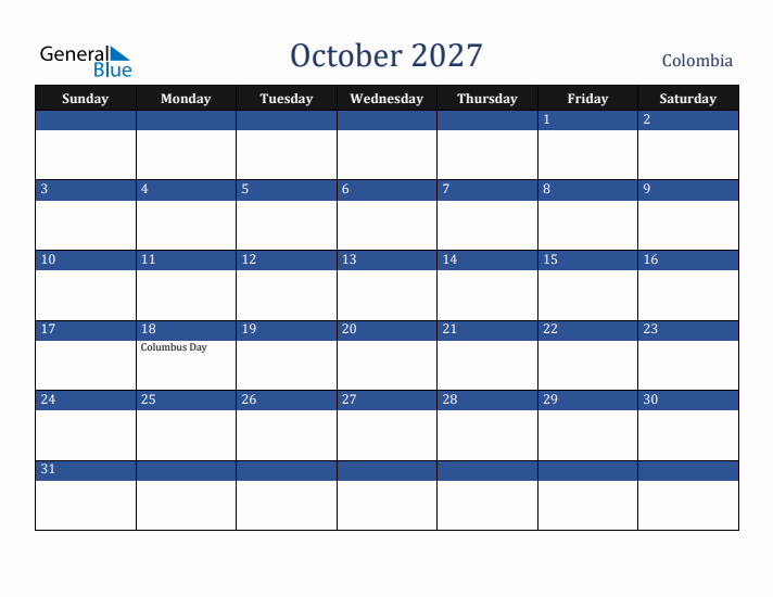 October 2027 Colombia Calendar (Sunday Start)