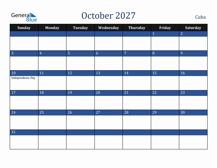 October 2027 Cuba Calendar (Sunday Start)