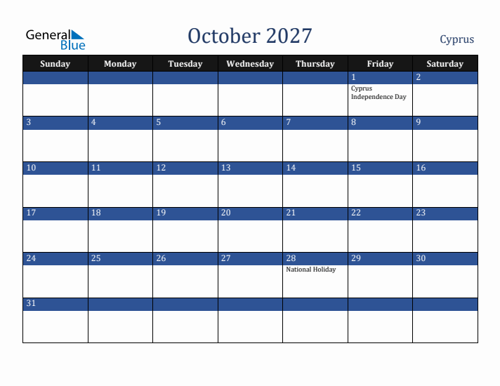 October 2027 Cyprus Calendar (Sunday Start)