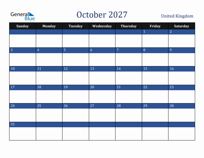October 2027 United Kingdom Calendar (Sunday Start)