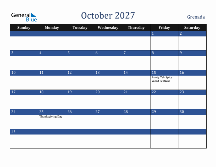October 2027 Grenada Calendar (Sunday Start)