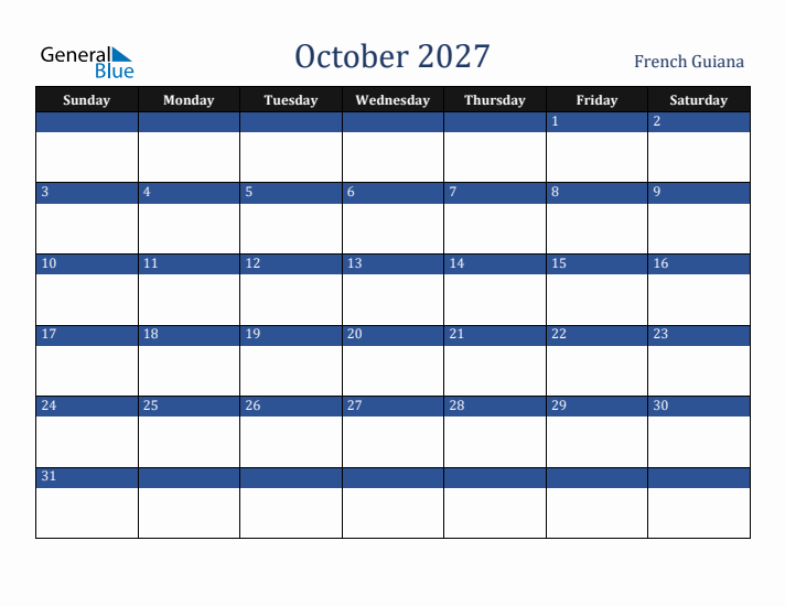 October 2027 French Guiana Calendar (Sunday Start)
