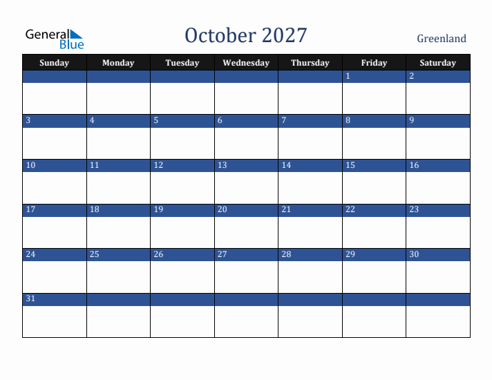 October 2027 Greenland Calendar (Sunday Start)