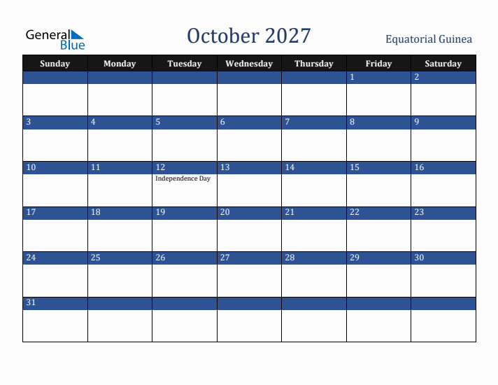 October 2027 Equatorial Guinea Calendar (Sunday Start)