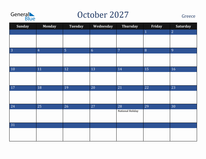 October 2027 Greece Calendar (Sunday Start)