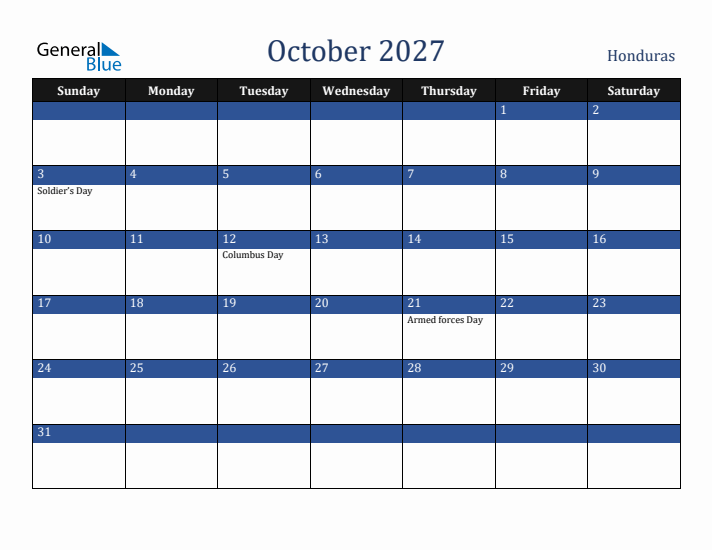 October 2027 Honduras Calendar (Sunday Start)
