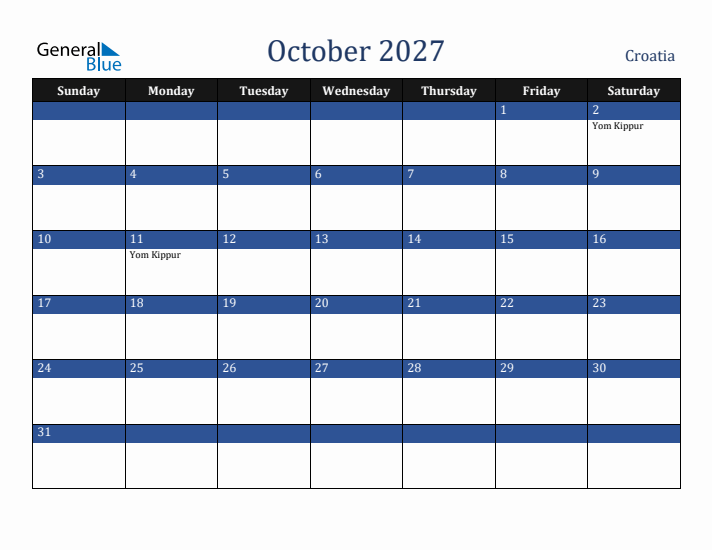 October 2027 Croatia Calendar (Sunday Start)