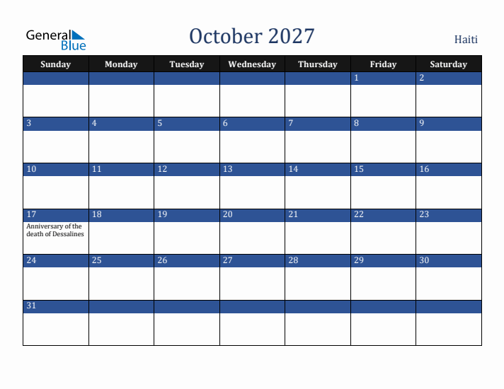 October 2027 Haiti Calendar (Sunday Start)