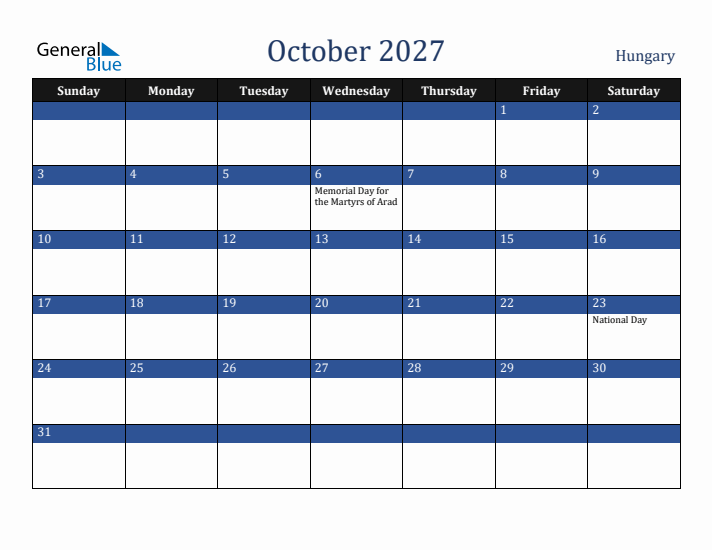 October 2027 Hungary Calendar (Sunday Start)