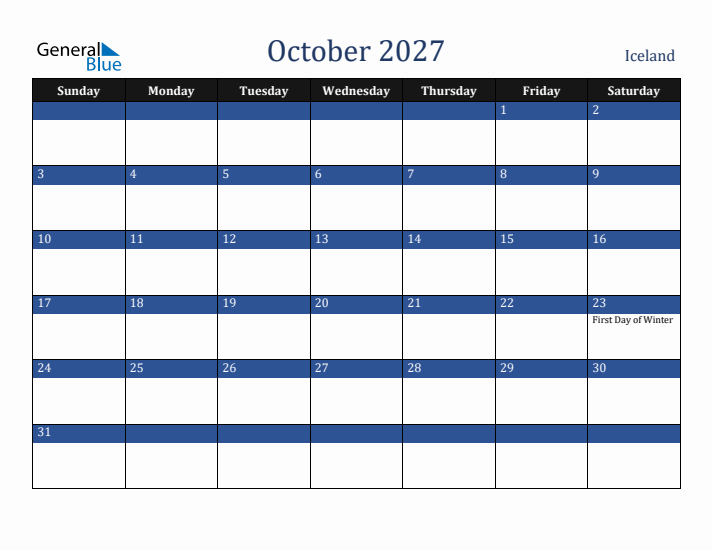 October 2027 Iceland Calendar (Sunday Start)