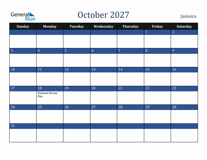 October 2027 Jamaica Calendar (Sunday Start)