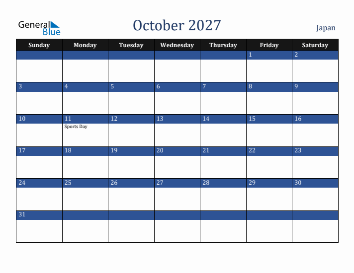 October 2027 Japan Calendar (Sunday Start)