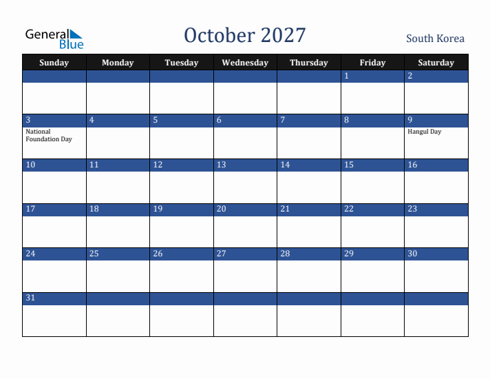 October 2027 South Korea Calendar (Sunday Start)