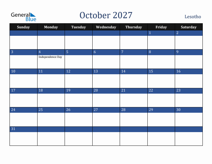 October 2027 Lesotho Calendar (Sunday Start)