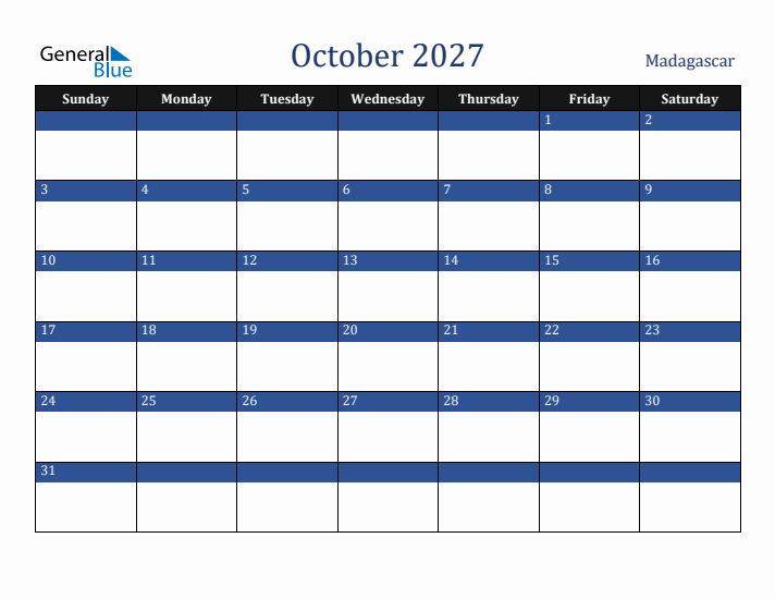 October 2027 Madagascar Calendar (Sunday Start)