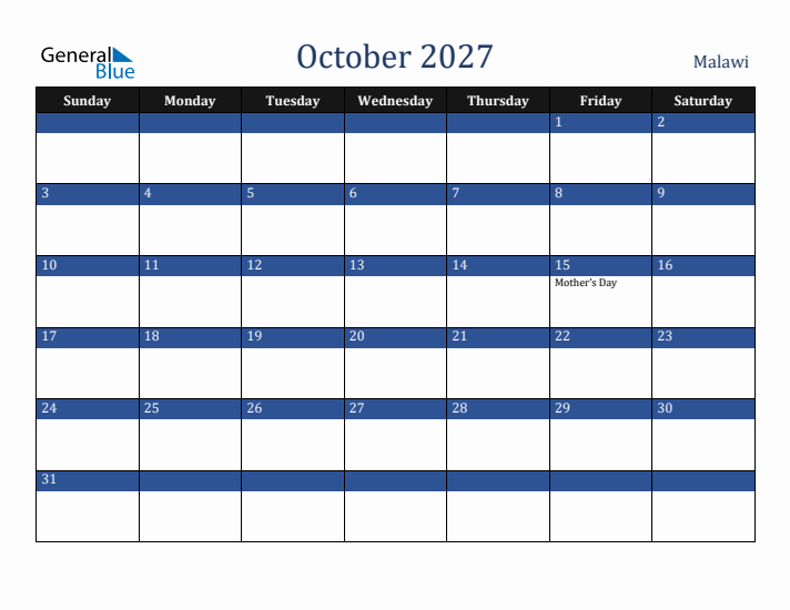 October 2027 Malawi Calendar (Sunday Start)