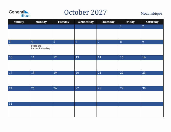 October 2027 Mozambique Calendar (Sunday Start)