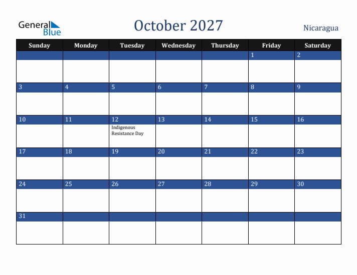 October 2027 Nicaragua Calendar (Sunday Start)