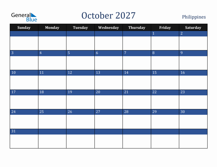 October 2027 Philippines Calendar (Sunday Start)