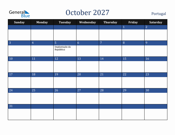 October 2027 Portugal Calendar (Sunday Start)