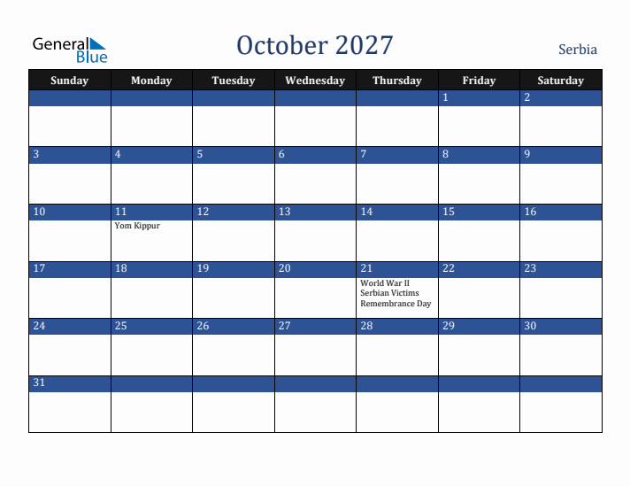 October 2027 Serbia Calendar (Sunday Start)