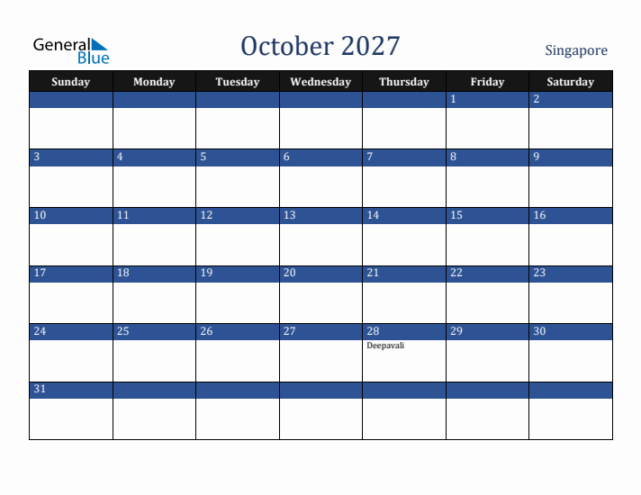 October 2027 Singapore Calendar (Sunday Start)
