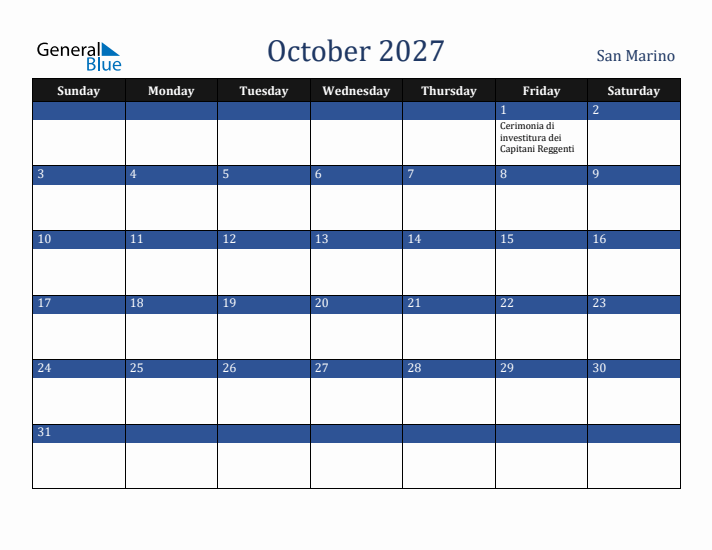 October 2027 San Marino Calendar (Sunday Start)