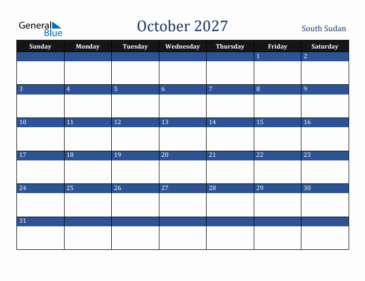 October 2027 South Sudan Calendar (Sunday Start)