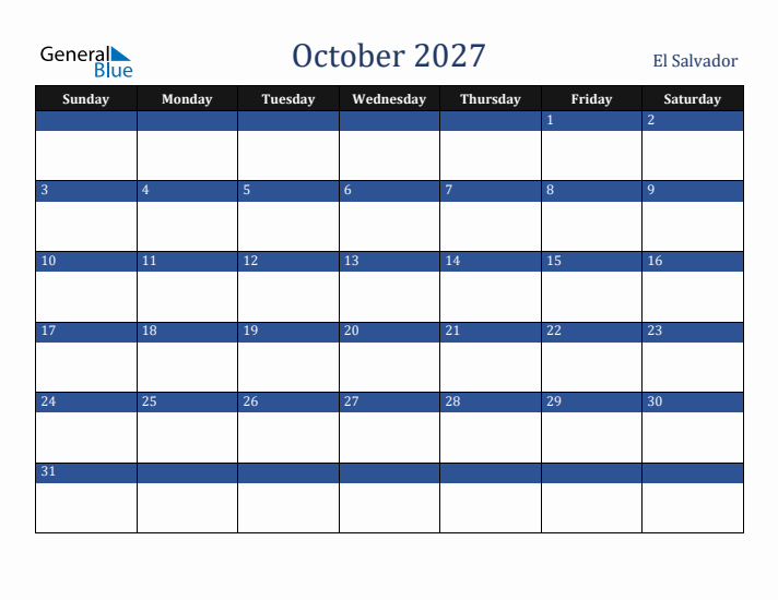 October 2027 El Salvador Calendar (Sunday Start)