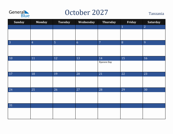 October 2027 Tanzania Calendar (Sunday Start)