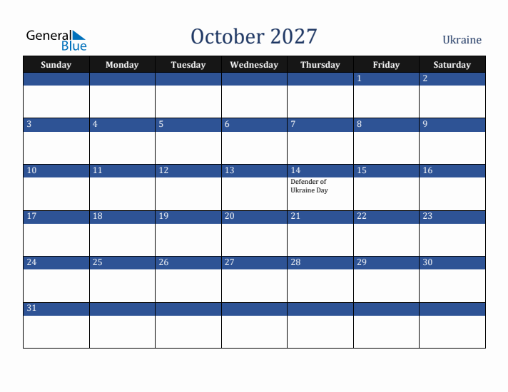 October 2027 Ukraine Calendar (Sunday Start)