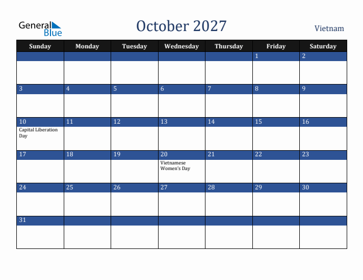 October 2027 Vietnam Calendar (Sunday Start)
