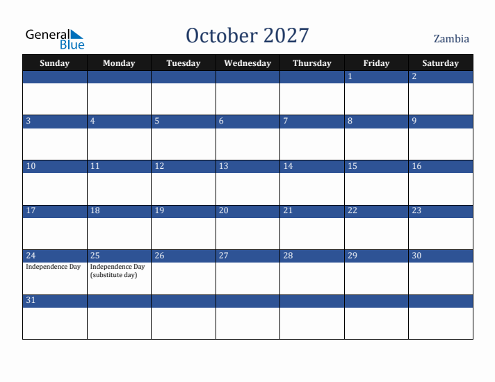 October 2027 Zambia Calendar (Sunday Start)
