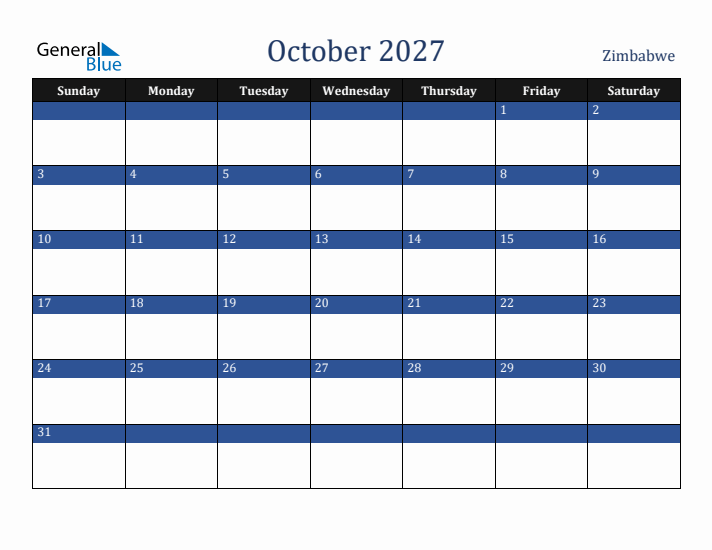 October 2027 Zimbabwe Calendar (Sunday Start)