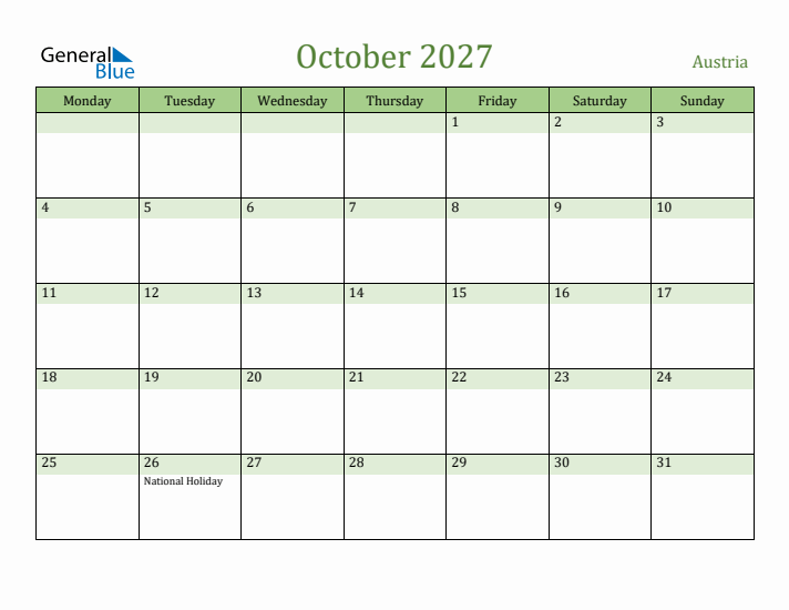 October 2027 Calendar with Austria Holidays