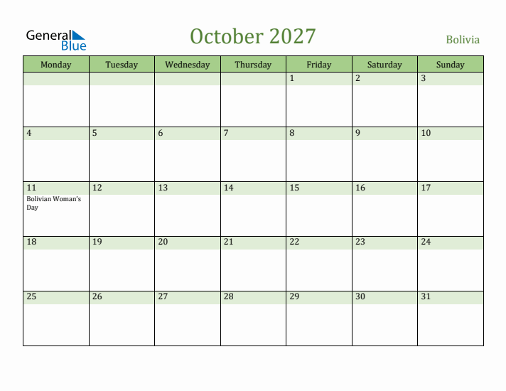 October 2027 Calendar with Bolivia Holidays
