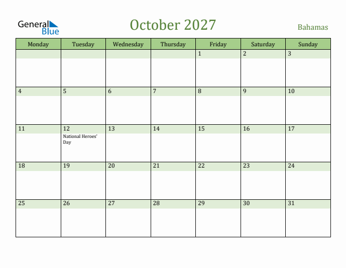 October 2027 Calendar with Bahamas Holidays