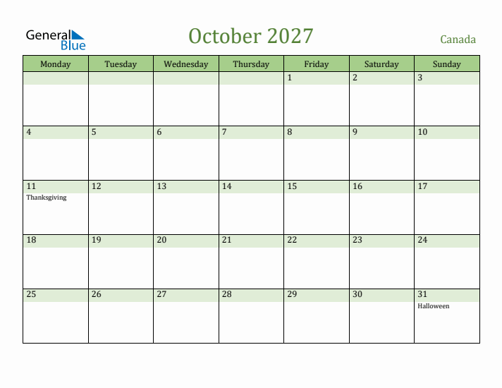 October 2027 Calendar with Canada Holidays