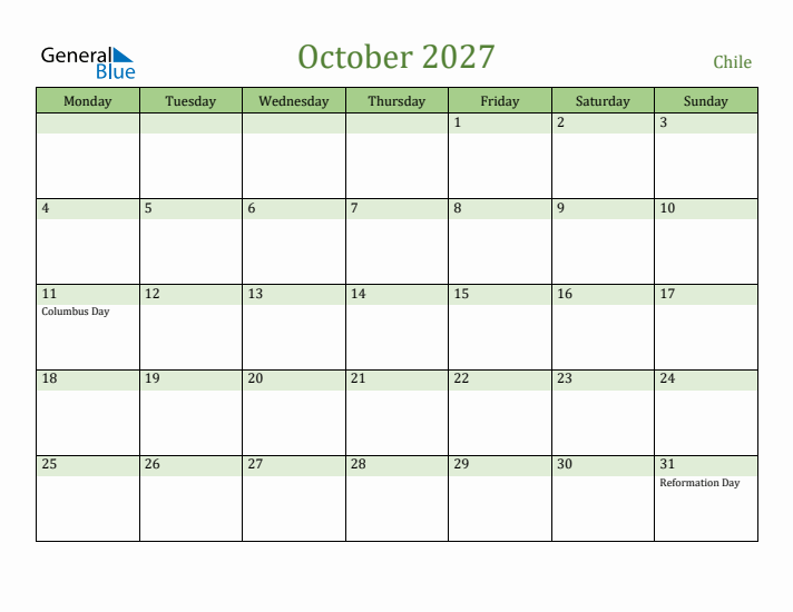October 2027 Calendar with Chile Holidays
