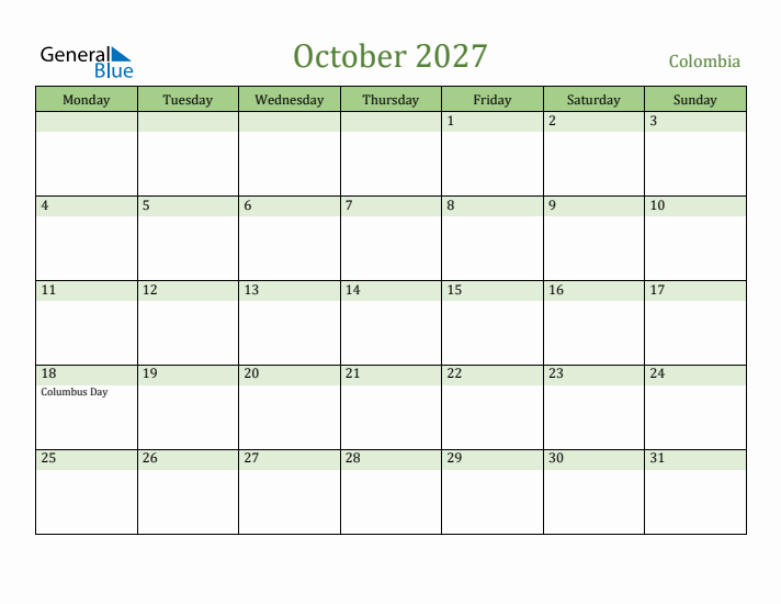 October 2027 Calendar with Colombia Holidays