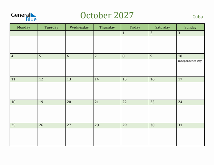 October 2027 Calendar with Cuba Holidays