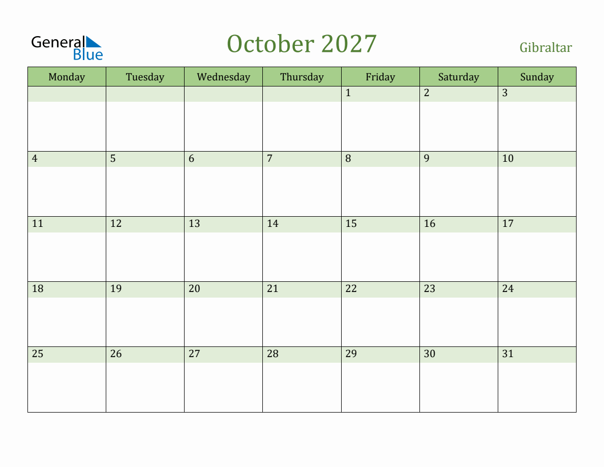 Fillable Holiday Calendar For Gibraltar - October 2027