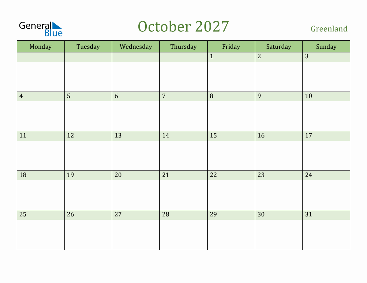 Fillable Holiday Calendar for Greenland - October 2027