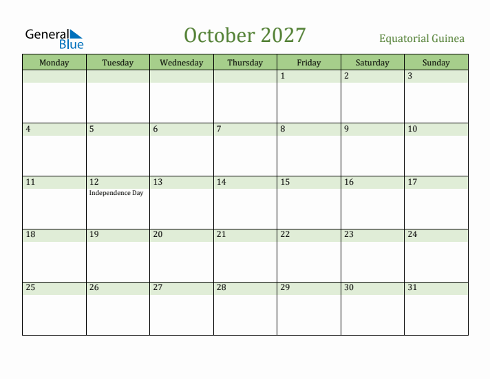 October 2027 Calendar with Equatorial Guinea Holidays