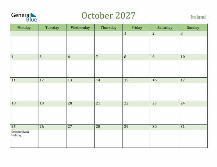 October 2027 Calendar with Ireland Holidays